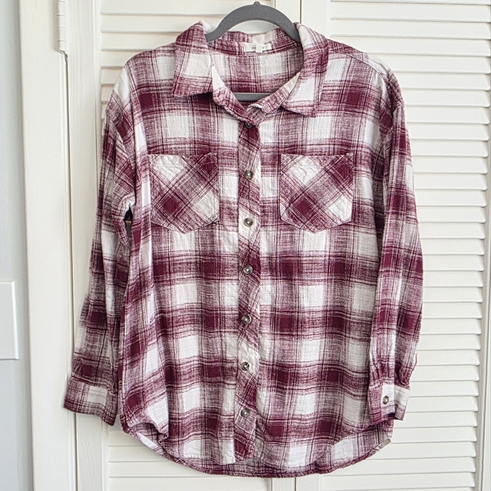 Maurices Women's Cabin Plaid Button Down Shirt - Burgundy and White